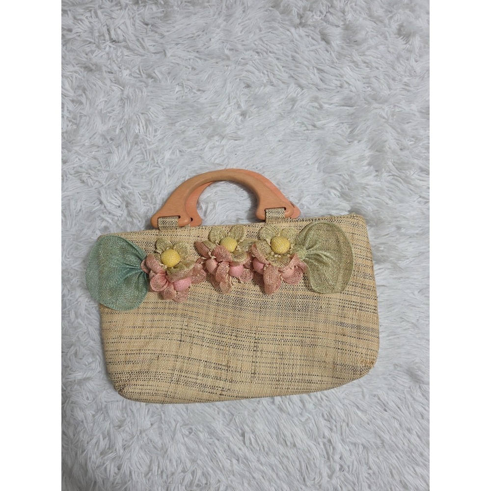 A Giannetti Straw Market/Handbag Pink Flowers‎ Green Leaves